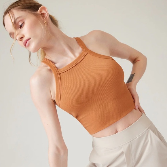 Athleta Tops - Athleta AURORA SEAMLESS HIGH NECK V-BACK TANK Sunbaked Clay Ribbed
